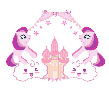 Cute unicorns and fairy-tale princess castle, girlish frameのイラスト素材