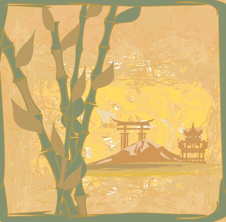 old paper with japanese abstract landscapeのイラスト素材