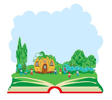 Open book illustration with seven Dwarfsのイラスト素材