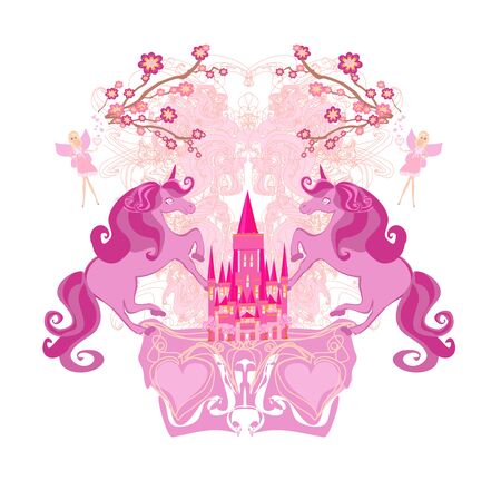Beautiful fairytale castle and cute unicorns , bannerのイラスト素材