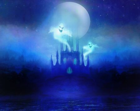 Halloween terrible illustration with a ghost in front of a haunted castleの写真素材