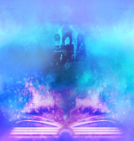 Magic world of tales, fairy castle appearing from the book の写真素材