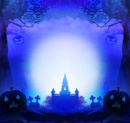 Halloween night background with scary pumpkins and silhouette of haunted house.の写真素材