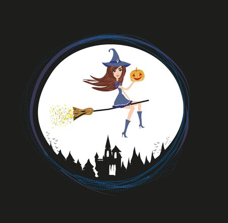 Witch flying on a broom in moonlight.のイラスト素材