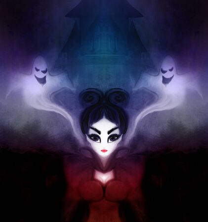 beautiful witch and scary ghostsの写真素材