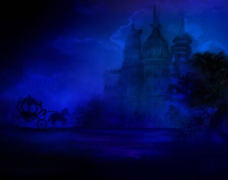 carriage and a medieval castle in the nightの写真素材