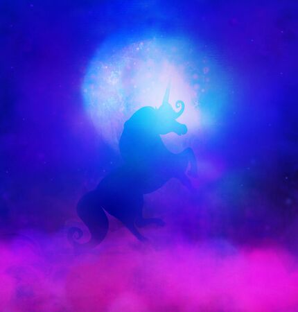Beauty magical unicorn standing in the light of the moonの写真素材