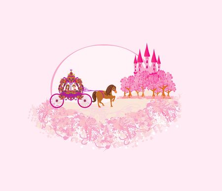 horse carriage and a medieval castle - pink artistic cardのイラスト素材