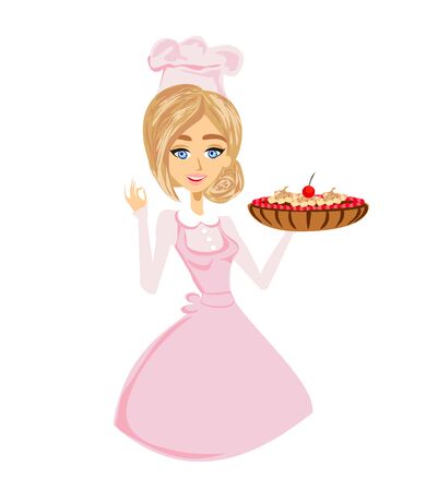 beautiful lady confectioner serves chocolate cake with cherryのイラスト素材