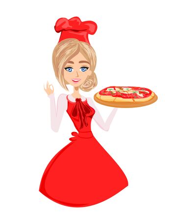 Woman pizza cook. Chef. Isolated on a white background.のイラスト素材