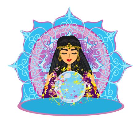 Fortune Teller Woman reads the future from the crystal ballのイラスト素材