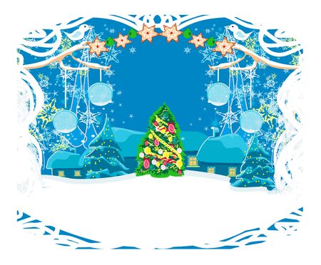 holidays in the village, decorative card with birdsのイラスト素材