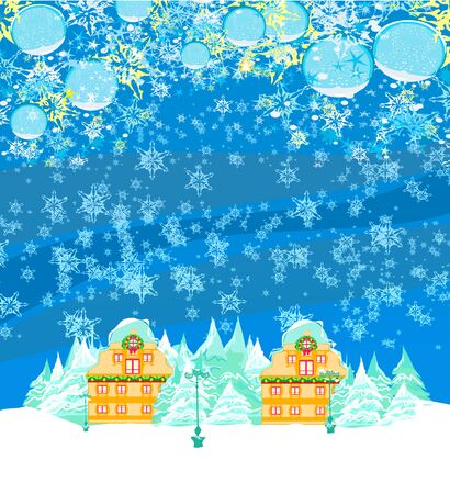 holidays in the village, decorative card with baubles and winter landscapeのイラスト素材