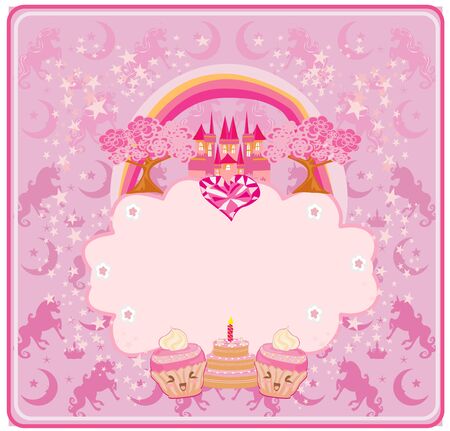 Birthday card with birthday cake, muffins and castleのイラスト素材