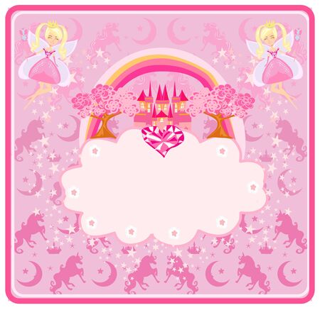 Fairytale frame with little fairies and a beautiful pink castleのイラスト素材