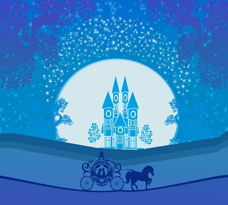 Silhouette of a horse carriage and a medieval castle のイラスト素材