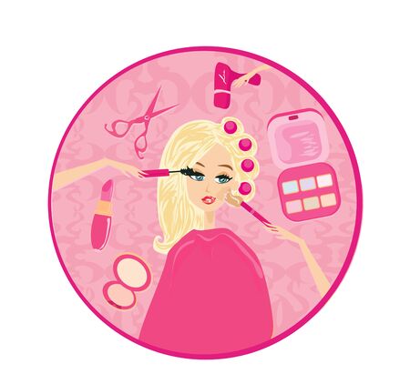 beautiful blonde at the stylist, hairdresser and makeup artist setのイラスト素材