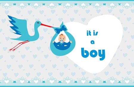 Baby Boy Card - A stork delivering a cute baby boy. のイラスト素材