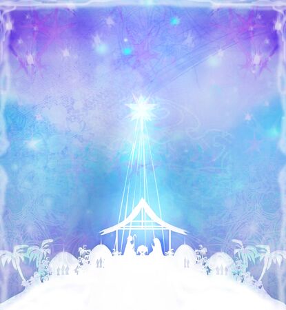 Birth of Jesus in Bethlehem, decorative Christmas cardの写真素材