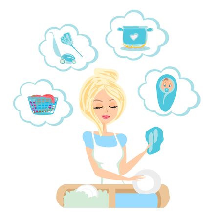 Housewife washing the dishes and thinks of other homeworkのイラスト素材