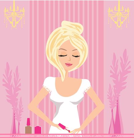 beautiful girl painting nails at homeのイラスト素材