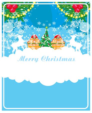Abstract Christmas card - reindeers and snowy holiday cityのイラスト素材