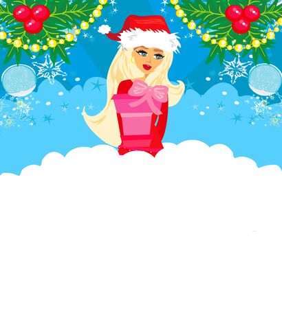 Winter girl with gift box, holiday sale cardのイラスト素材