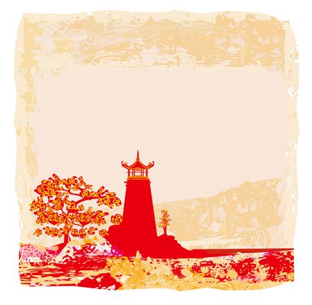 Old paper with Chinese templeのイラスト素材