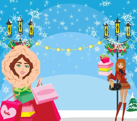 beautiful girls during the winter saleのイラスト素材