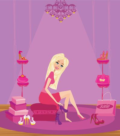 beautiful girl sitting on chair and holding shoes in an elegant boutiqueのイラスト素材