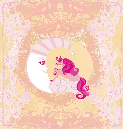 Cute magic unicorn and moon - abstract card with a pastel backgroundのイラスト素材