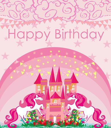 Cute unicorns and fairy-tale princess castle - birthday card のイラスト素材