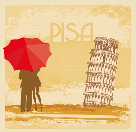 romantic couple of Tourists in Pisa, abstract vintage cardのイラスト素材