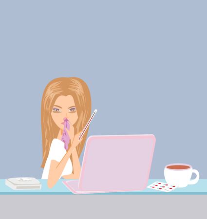 sick secretary working at the laptopのイラスト素材