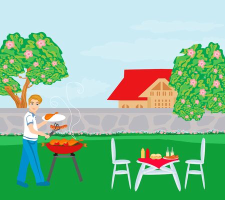 Happy male grilling bbq meat outdoor in nature のイラスト素材
