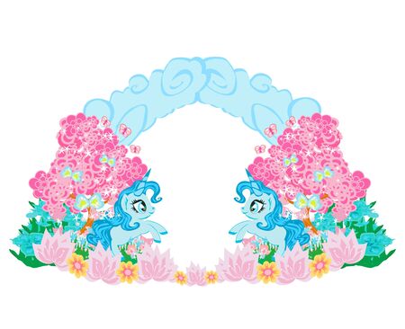 Card with a cute unicorns, rainbow and flowery meadowのイラスト素材