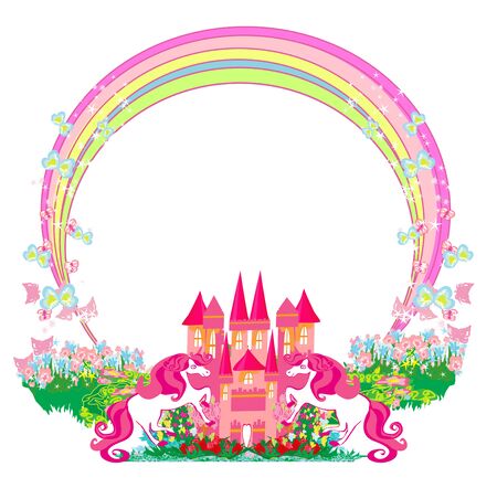 Card with a cute unicorns, rainbow and flowery meadowのイラスト素材