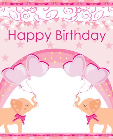 pink birthday card with cute elephantsのイラスト素材