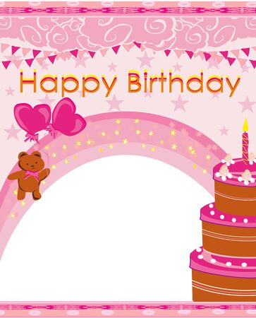 pink birthday card with cute teddy bear and cakeのイラスト素材