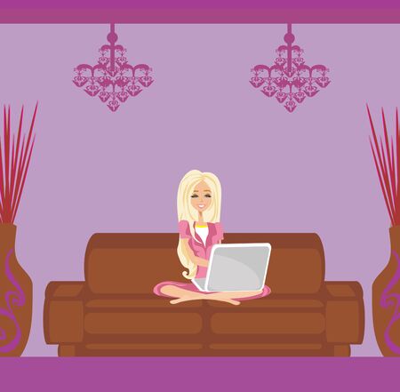 beautiful girl works at the computer at homeのイラスト素材