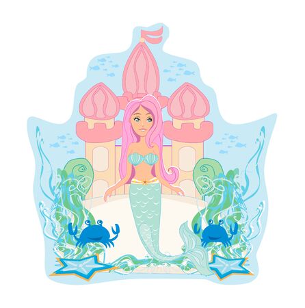 mermaid with castle undersea sceneのイラスト素材