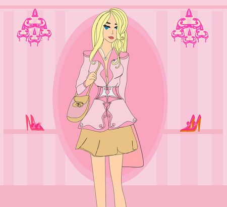 Stylish girl shopping , doodle illustrationのイラスト素材