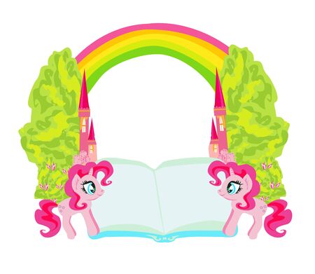 fairy castle appearing from the book and two cute unicorns - frameのイラスト素材
