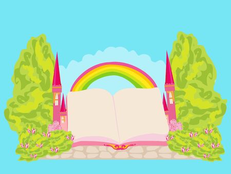 Magic world of tales, fairy castle appearing from the book - frameのイラスト素材