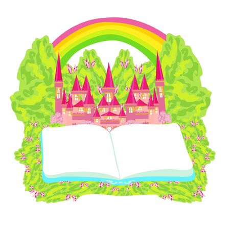 Magic world of tales, fairy castle appearing from the book - frameのイラスト素材