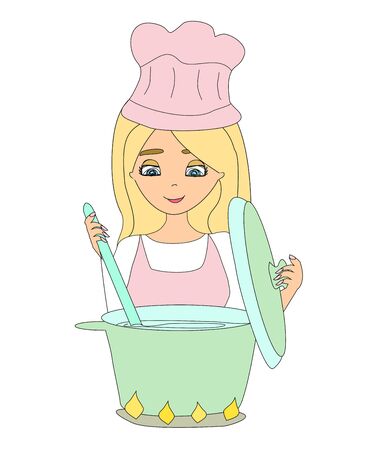 beautiful girl cooking soup,  doodle illustration のイラスト素材