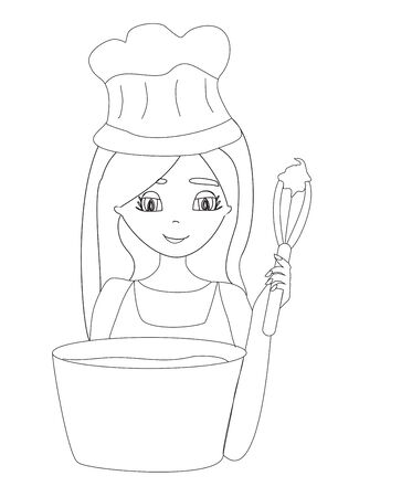 Cartoon of smiling woman in kitchen mixes the doughのイラスト素材