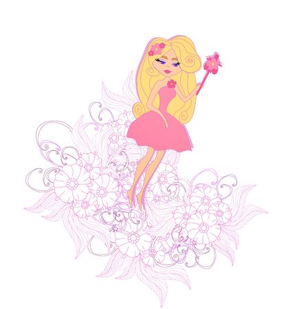 Fairy on the background with beautiful decorative pink doodle flowersのイラスト素材