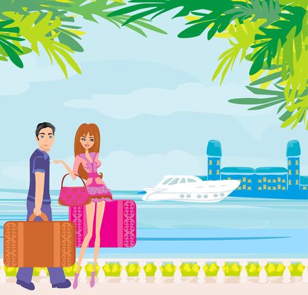 couple of tourists with suitcases on a tropical vacation
のイラスト素材