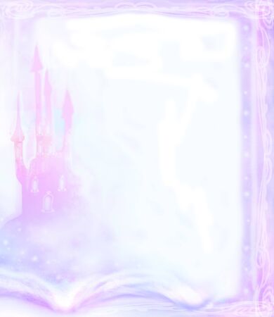 Magic world of tales, fairy castle appearing from the book - pink pastel frameの写真素材